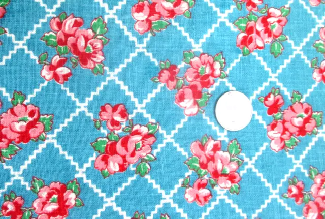 Vintage Partial Feedsack: Red and Pink Flowers on a Blue-Green Background