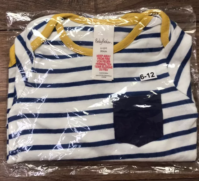 BODEN Baby Boy Blue Striped Bodysuit with Navy  Pocket Age 6-12  Months  NEW