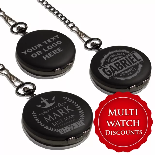 Personalized Black Pocket Watch for Groomsman Wedding Gift - Engraved Bachelor