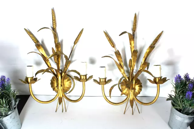 PAIR hollywood regency metal gold gilt wall lights wheat sheaf leaf 1960