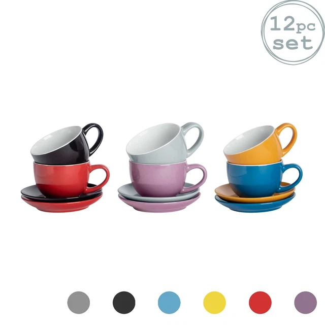12PC COLOURED CAPPUCCINO Cup Saucer Set Porcelain Tea Coffee Cups 250ml ...