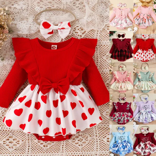 Newborn Baby Girls Floral Ribbed Outfits Long Sleeve Bow Princess Party Dress