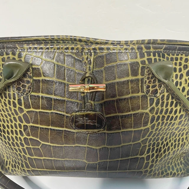 LONGCHAMP Roseau Green Croc Embossed Shoulder Bag With Dust Cover 8