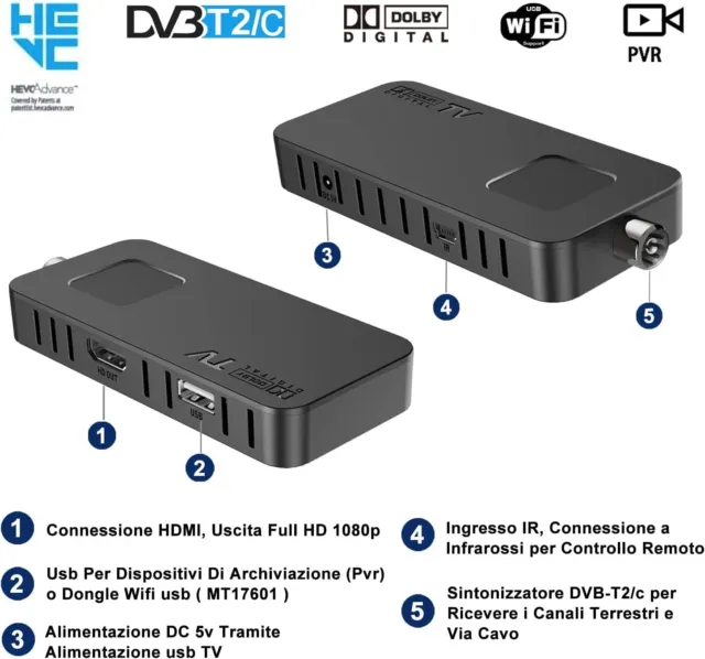 Decoder Digitale Terrestre DVB-T2 con Mini Ricevitore e Telecomando Universale 3