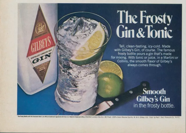 1979 Gilbeys Gin Frosty Bottle Tonic Lime Ice Glass Smooth Vintage Print Ad SI3
