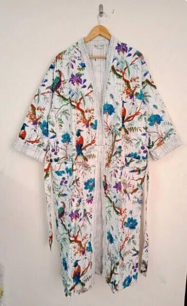 Indio pájaro impreso Kantha mujeres kimono largo bata de baño ropa de...