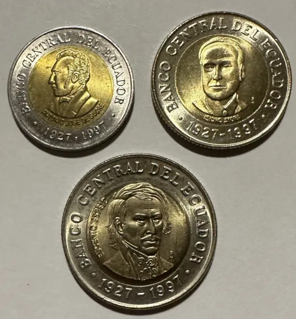 Ecuador 1997 Set of 3 Coins 100, 500, 1000 Sucres Central Bank BU Lot#E10