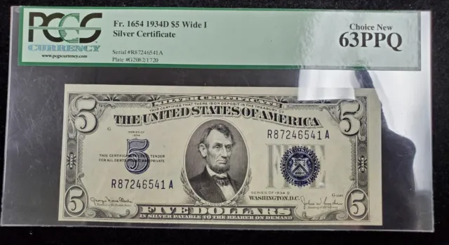 1934-D $5 S Fr. 1654 Wide I Silver Certificate PCGS 63 PPQ Choice New