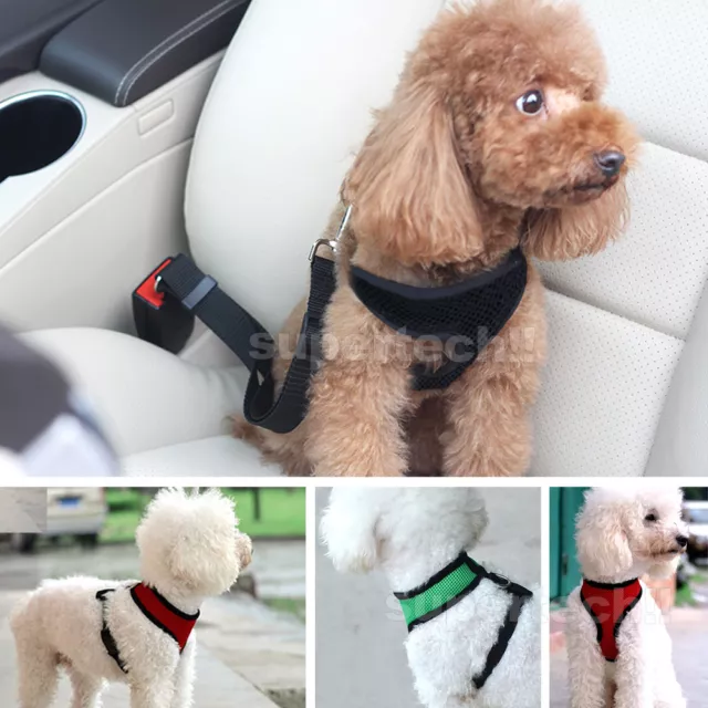 Adjustable Cat Puppy Soft Mesh Vest Dog Harness Braces&Car Seat Belt Leash Lead 2