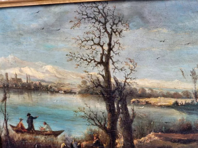 Tableau ancien signée. Bord du Lac Animé. Peinture huile sur toile.