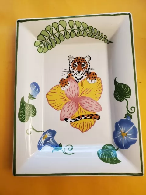 LYNN CHASE Jungle Flowers Rectangle Dish 8"X6" Jaguar &Flowers MADE IN FRANCE