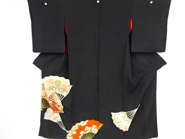 02247# Japanese Kimono / Antique Tomesode / Embroidery / Fan With Flower Classic