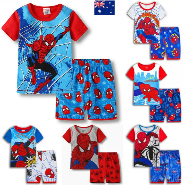 Kids Boys Spiderman Superhero Pyjamas Pjs T-Shirt Shorts Sleepwear Set Outfits Y
