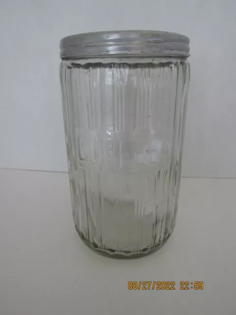 VTG. 1930's HOOSIER CABINET RIBBED GLASS COFFEE JAR /  CANISTER WITH LID