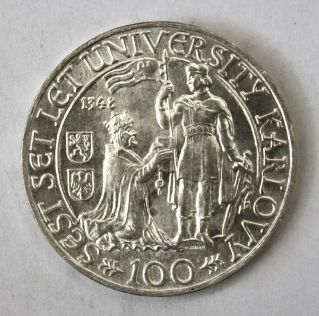 A5 - Czechoslovakia 100 Kr 1948 Brilliant Unc Silver Coin *** Charles University