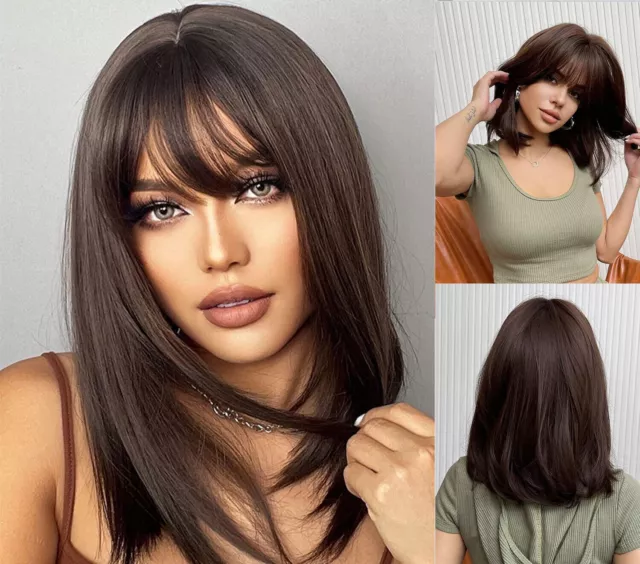 Womens Dark Brown Wig with Bangs Layered Hair Medium Long Straight Wigs UK