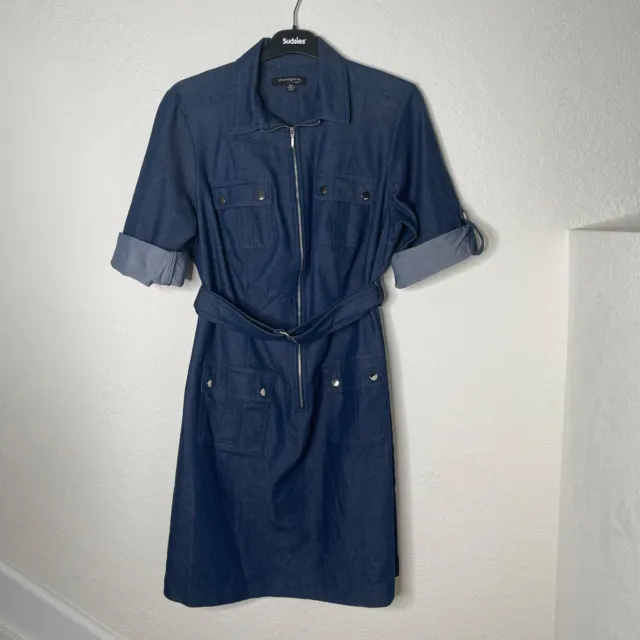 Sharagano Women's Zip Up Denim Dress Blue Size 16W Belted with front pockets