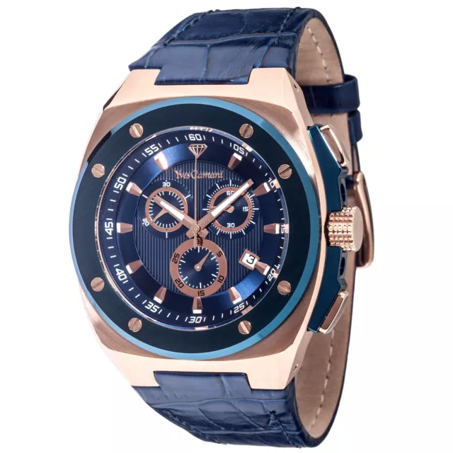 YVES CAMANI Quentin Herrenuhr Chronograph Edelstahl Rosegold Blau Datum B-WARE