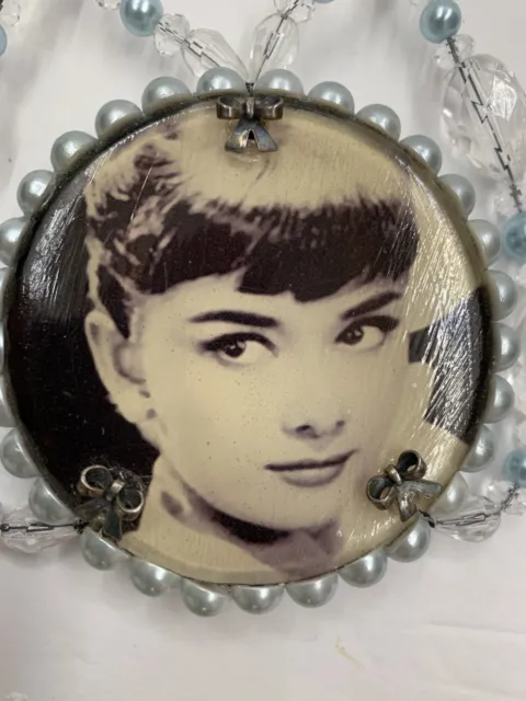 Audrey Hepburn Breakfast At Tiffany’s Photo Pendant Necklace Faux Blue Pearls￼