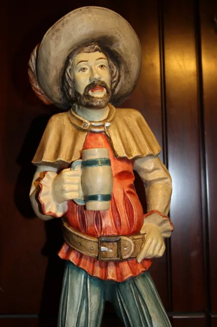 Vtg 19" Wood Hand Carved Medieval Beer Drinking Sailor Pirate Statue Figure Gift