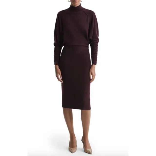REISS Freya Wool Blend Mock Neck Midi Sweater Dress Burgundy Womens Size Medium