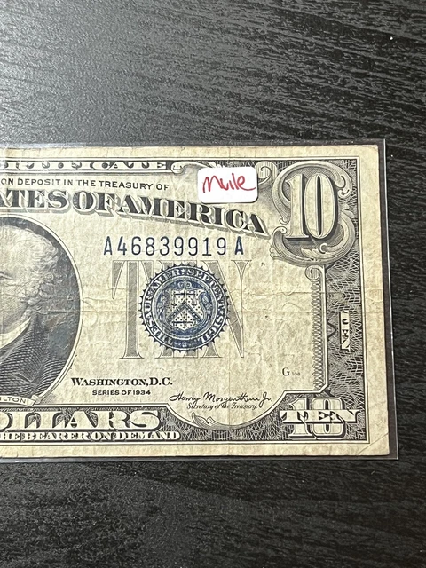1934 $10 Ten Dollars Silver Certificate Blue Seal Mule Note A46839919A 2