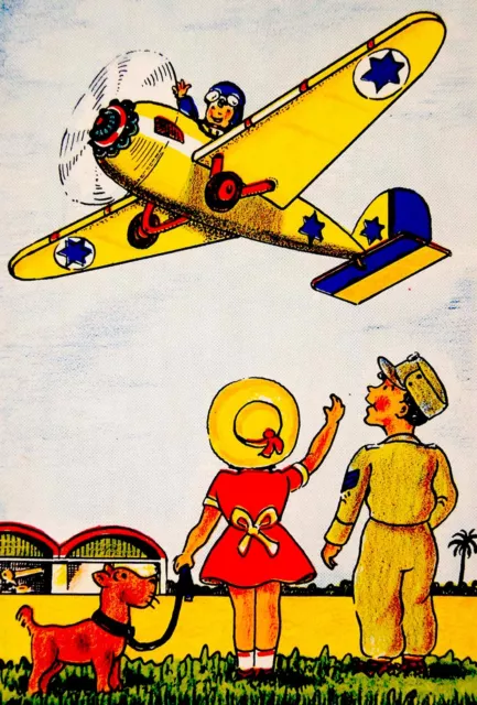 1950 Jewish LITHO POSTCARD Children RUSHKEVITZ Israel IDF AIRFORCE PLANE Hebrew