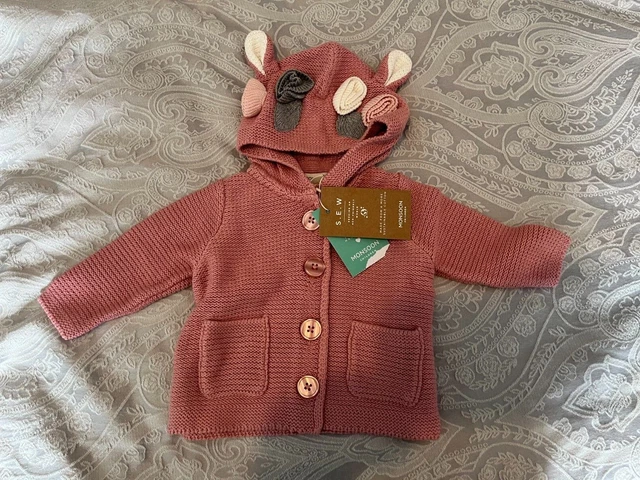 Cardigan rosa monsonico nuovo con etichette 0-3 mesi con cappuccio e orecchie