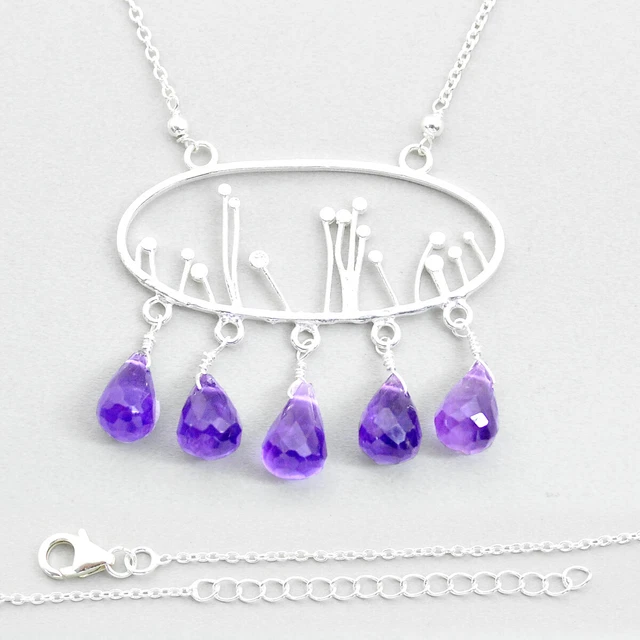 Hand Carved 14.47cts Checker Cut Natural Purple Amethyst Drop Necklace U64393