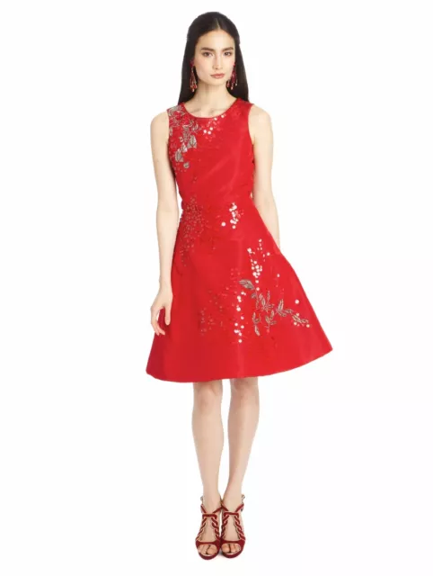 Nuevo Oscar de la Renta Rojo sin Mangas Purpurina & Cordón Embellece Vestido 6