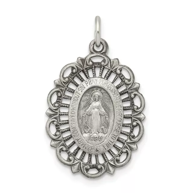 Sterling Silver Antiqued Miraculous Mary Oval Medal Charm Pendant 1.06 Inch