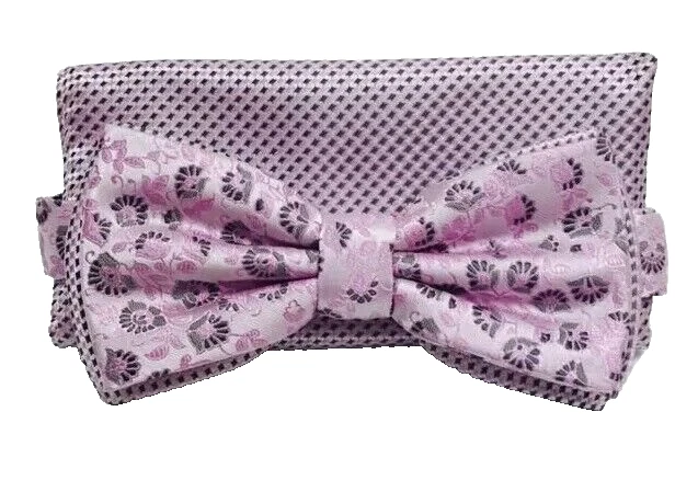Stacy Adams Men's Bow Tie & Hanky Set Pink Charcoal Gray Silver Polka Dot Floral