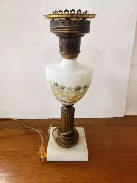 Vintage Brass and Hand Painted Milk Glass Table Lamp with Marble Base - Working