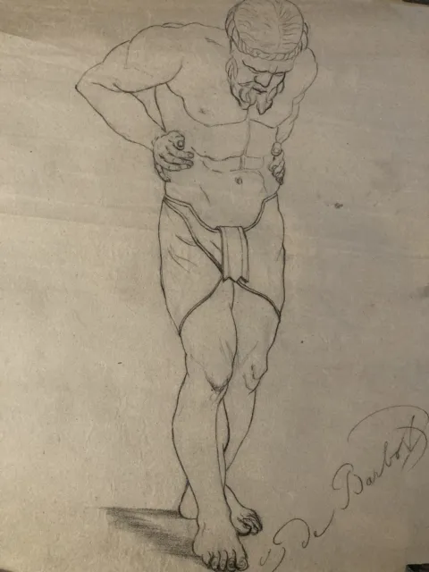 Muy Bonito Dibujo S. XIX al antiguo hombre Desnudo Barba Taparrabos Romano
