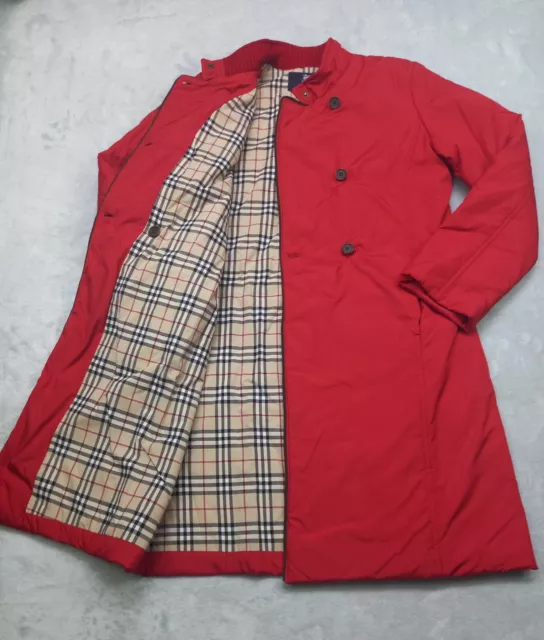 BURBERRY Red Long Double Breasted Puffer Coat Nova Check Girls Polyester Size 14