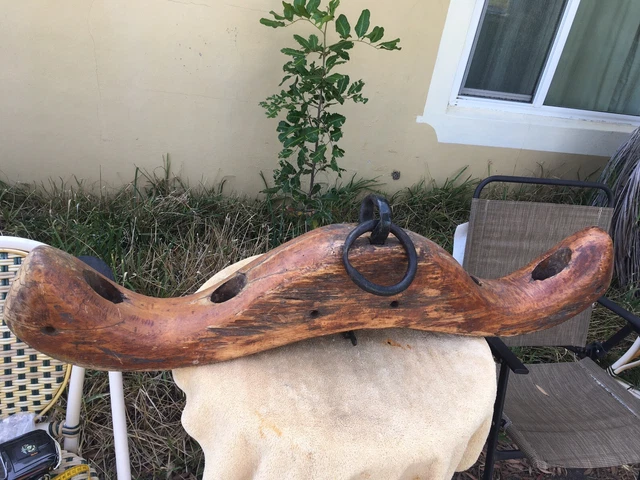 Vintage Early 1800’s Large Heavy Hand Carved Wood Iron Oxen Yoke