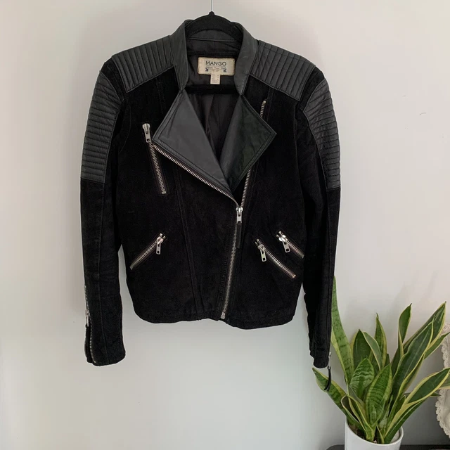 MANGO LEATHER BIKER Suede Jacket Medium M Small Zips Black Pockets