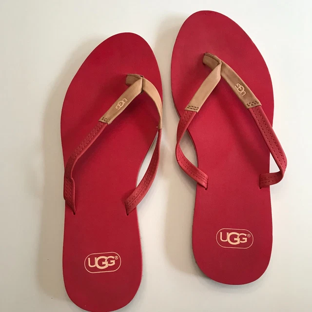 UGG Magnolia # 1007563 USA Size 9 Red W/Tan Flip Flop Sandals ~ VGC