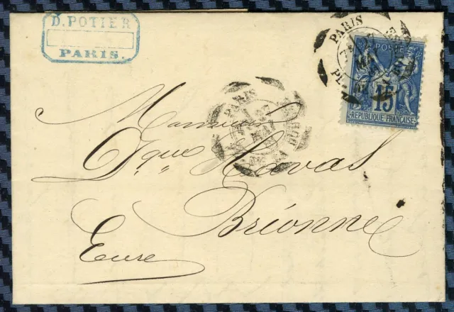 Sage YT#90 oblitéré avec CACHET d'ESSAI PARIS PL. de la BOURSE s/lettre - 1881