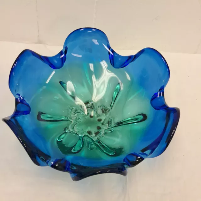 Vtg Hand blown Blue and Green Studio Art Glass Bowl Ruffled Edge 10" Gorgeous 2
