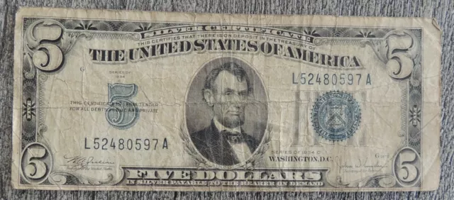 1934 C Five Dollar 5$ US Silver Certificate Blue Seal