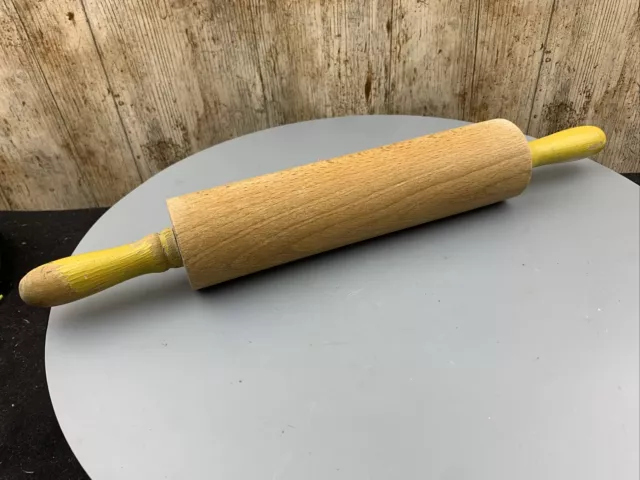 Vintage Wooden Rolling Pin Retro Yellow Handles Kitchenalia Baking Easter