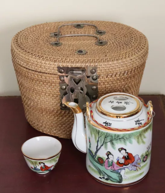 Chinese Republic Period Ceramic Famille Rose Teapot w/ Cup Set in Wicker Basket