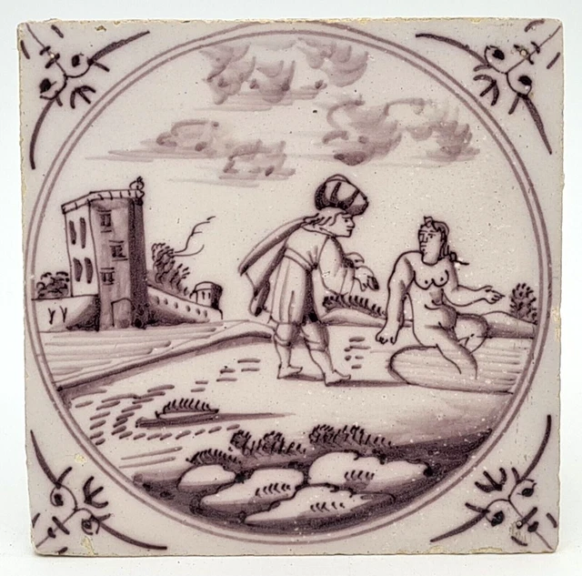 Antique 18th Century Dutch Delft Manganese Tile Biblical Scene AE10
