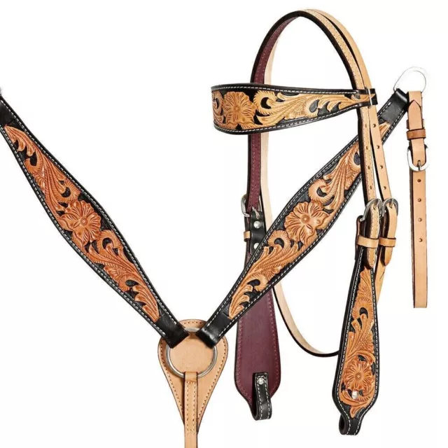 Western Leather Beautiful Headstall And Breast Collar Hand Carved Floral Tooled