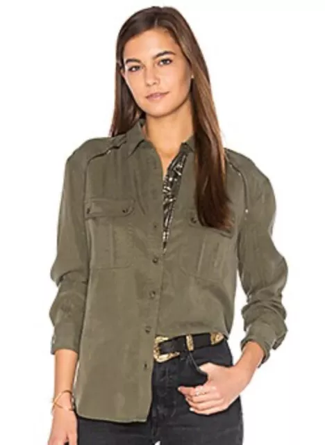 Free People Off Campus Button Up Moss Green Metallic Accent Shirt Size Small