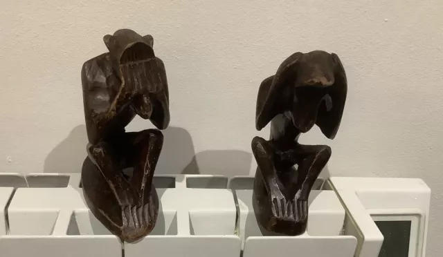 African Hand Carved Wooden Two Wise Monkeys “ Hear No Evil/ See No Evil “