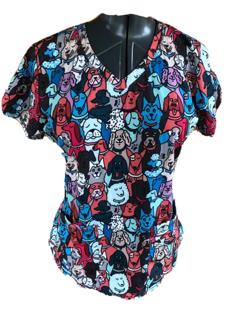 Barco skechers womans small multicolored dog print stretch multipocket scrub top
