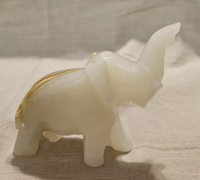 Hand Carved Elephant Banded White Onyx Quartz Trunk Up Stone Figurine Lucky