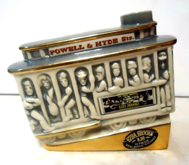 Ezra Brooks 1968 ceramic Cablecar decanter gray top with all labels